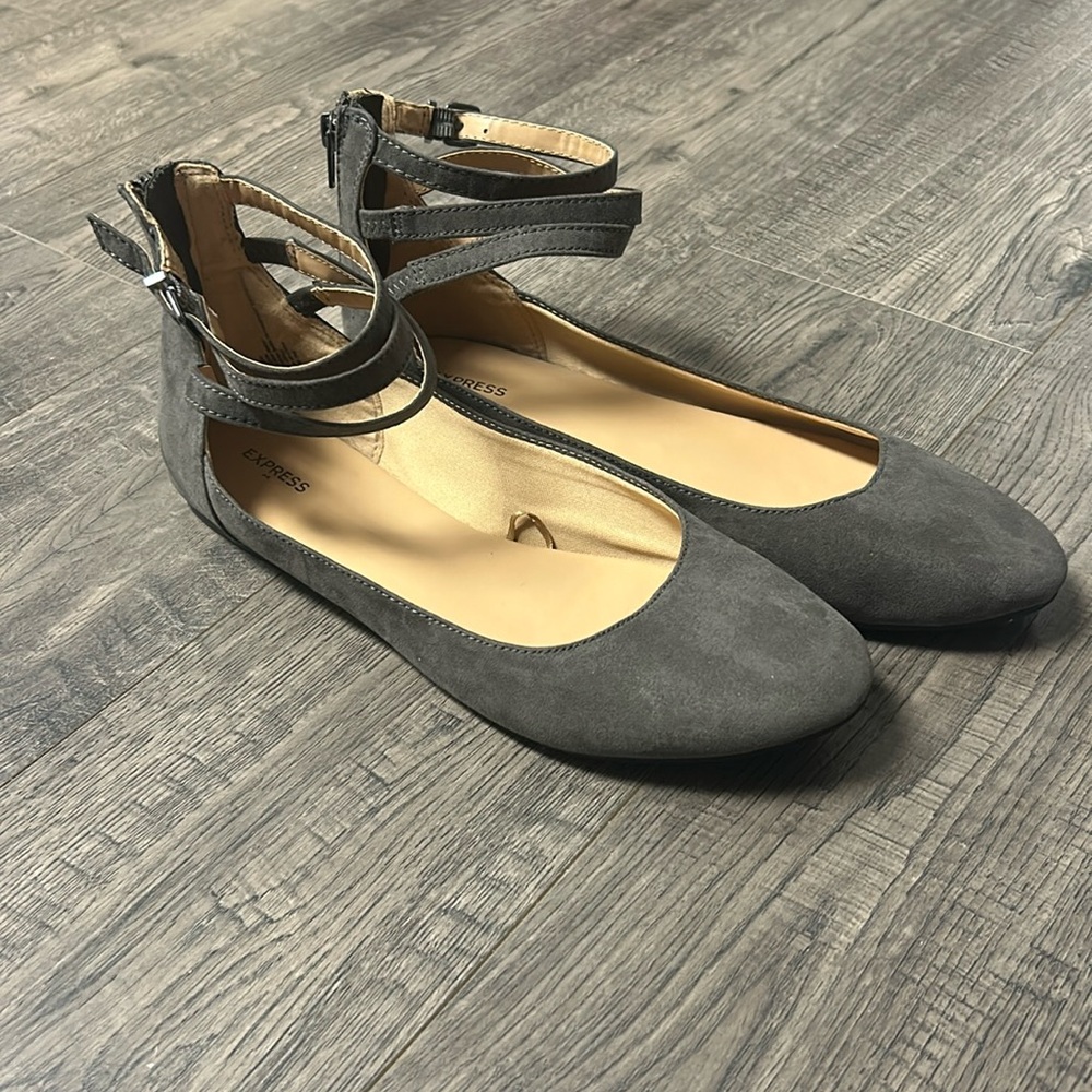 Express Grey Suede Ankle Strap Flats